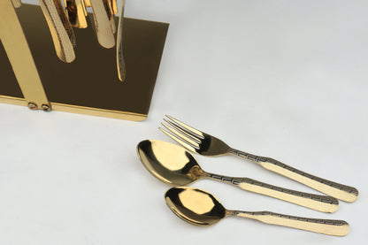 Stainless Steel PVD Gold Plated Cutlery Set 28 Pcs With Stand - Versace Design