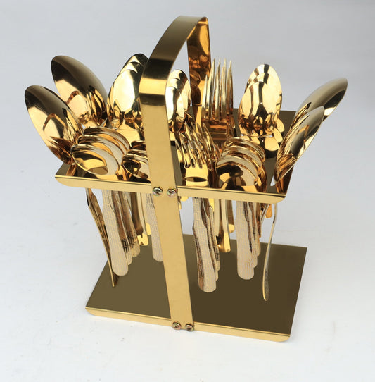Stainless Steel PVD Gold Plated Cutlery Set 28 Pcs With Stand - Versace Design